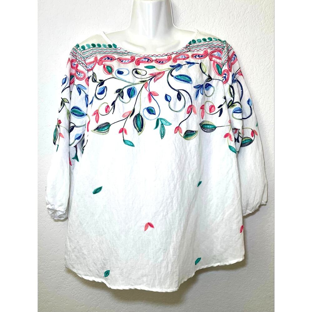 Anthropologie Kindred White Peasant Top Colorful Floral Embroidery - Size Large